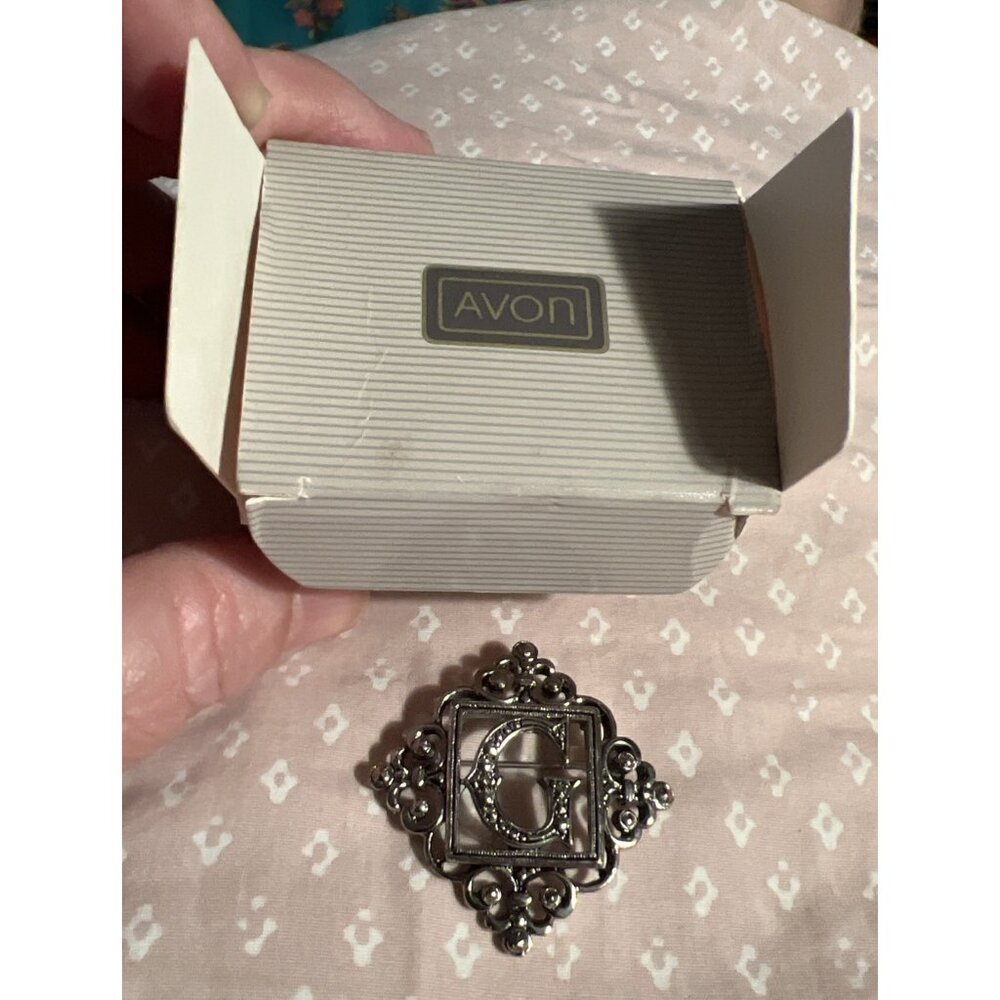 1991 NEW OLD STOCK Letter "G" Brooch Silver Tone Faux Marcasite Monogram Boxed